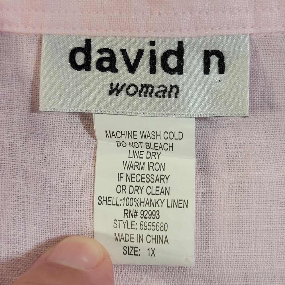 David N Woman 100% Linen Button Front Top Tunic Blouse 3/4 Sleeve Pink Womens 1X - Picture 5 of 10